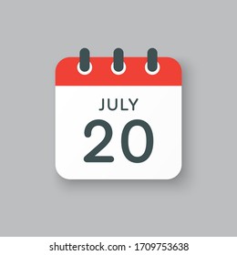 Icon calendar day - 20 July. Days f the year. Vector illustration flat style. Date day of month Sunday, Monday, Tuesday, Wednesday, Thursday, Friday, Saturday. Holidays in summer July.