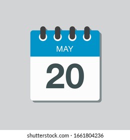 Icon calendar day - 20 May. Days f the year. Vector illustration flat style. Date day of month Sunday, Monday, Tuesday, Wednesday, Thursday, Friday, Saturday. Holidays in May