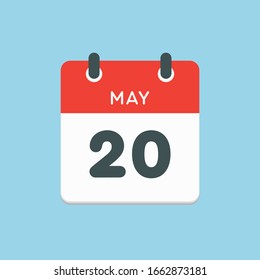 Icon calendar day - 20 May. Days f the year. Vector illustration flat style. Date day of month Sunday, Monday, Tuesday, Wednesday, Thursday, Friday, Saturday. Holidays in May