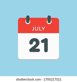 Icon calendar day - 21 July. Days f the year. Vector illustration flat style. Date day of month Sunday, Monday, Tuesday, Wednesday, Thursday, Friday, Saturday. Holidays in summer July.