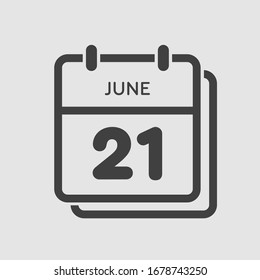 Icon calendar day - 21 June. Days f the year. Vector illustration flat style. Date day of month Sunday, Monday, Tuesday, Wednesday, Thursday, Friday, Saturday. Holidays in summer June.