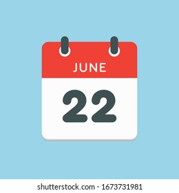 Icon calendar day - 22 June. Days f the year. Vector illustration flat style. Date day of month Sunday, Monday, Tuesday, Wednesday, Thursday, Friday, Saturday. Holidays in summer June.