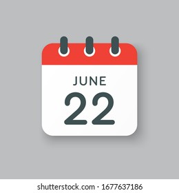 Icon calendar day - 22 June. Days f the year. Vector illustration flat style. Date day of month Sunday, Monday, Tuesday, Wednesday, Thursday, Friday, Saturday. Holidays in summer June.
