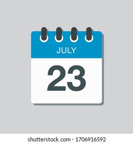 Icon calendar day - 23 July. Days f the year. Vector illustration flat style. Date day of month Sunday, Monday, Tuesday, Wednesday, Thursday, Friday, Saturday. Holidays in summer July.