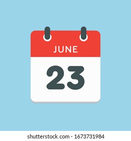 Icon calendar day - 23 June. Days f the year. Vector illustration flat style. Date day of month Sunday, Monday, Tuesday, Wednesday, Thursday, Friday, Saturday. Holidays in summer June.