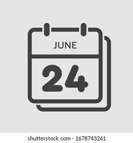 Icon calendar day - 24 June. Days f the year. Vector illustration flat style. Date day of month Sunday, Monday, Tuesday, Wednesday, Thursday, Friday, Saturday. Holidays in summer June.