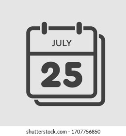 Icon calendar day - 25 July. Days f the year. Vector illustration flat style. Date day of month Sunday, Monday, Tuesday, Wednesday, Thursday, Friday, Saturday. Holidays in summer July.