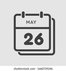 Icon calendar day - 26 May. Days f the year. Vector illustration flat style. Date day of month Sunday, Monday, Tuesday, Wednesday, Thursday, Friday, Saturday. Holidays in May
