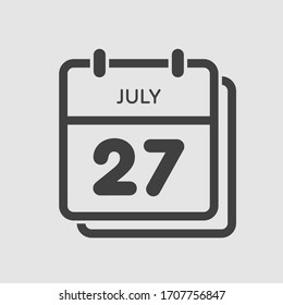 Icon calendar day - 27 July. Days f the year. Vector illustration flat style. Date day of month Sunday, Monday, Tuesday, Wednesday, Thursday, Friday, Saturday. Holidays in summer July.