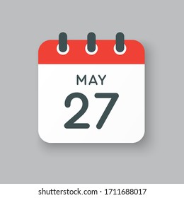 Icon calendar day - 27 May. Days f the year. Vector illustration flat style. Date day of month Sunday, Monday, Tuesday, Wednesday, Thursday, Friday, Saturday. Holidays in spring May.