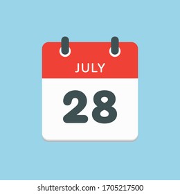 Icon calendar day - 28 July. Days f the year. Vector illustration flat style. Date day of month Sunday, Monday, Tuesday, Wednesday, Thursday, Friday, Saturday. Holidays in summer July.