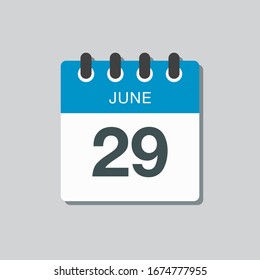 Icon calendar day - 29 June. Days f the year. Vector illustration flat style. Date day of month Sunday, Monday, Tuesday, Wednesday, Thursday, Friday, Saturday. Holidays in summer June.