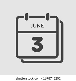 Icon calendar day - 3 June. Days f the year. Vector illustration flat style. Date day of month Sunday, Monday, Tuesday, Wednesday, Thursday, Friday, Saturday. Holidays in summer June.