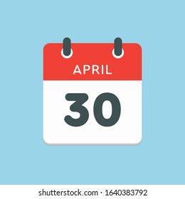 Icon calendar day - 30 April. Days f the year. Vector illustration flat style. Date day of month Sunday, Monday, Tuesday, Wednesday, Thursday, Friday, Saturday. Holidays in April