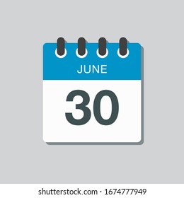 Icon calendar day - 30 June. Days f the year. Vector illustration flat style. Date day of month Sunday, Monday, Tuesday, Wednesday, Thursday, Friday, Saturday. Holidays in summer June.
