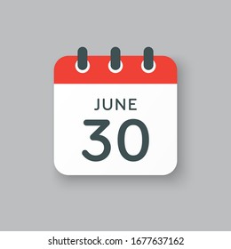 Icon calendar day - 30 June. Days f the year. Vector illustration flat style. Date day of month Sunday, Monday, Tuesday, Wednesday, Thursday, Friday, Saturday. Holidays in summer June.