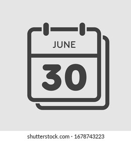 Icon calendar day - 30 June. Days f the year. Vector illustration flat style. Date day of month Sunday, Monday, Tuesday, Wednesday, Thursday, Friday, Saturday. Holidays in summer June.
