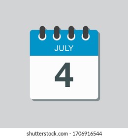 Icon calendar day - 4 July. Days f the year. Vector illustration flat style. Date day of month Sunday, Monday, Tuesday, Wednesday, Thursday, Friday, Saturday. Holidays in summer July.