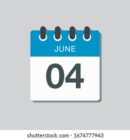 Icon calendar day - 4 June. Days f the year. Vector illustration flat style. Date day of month Sunday, Monday, Tuesday, Wednesday, Thursday, Friday, Saturday. Holidays in summer June.