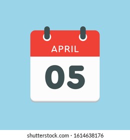 Icon calendar day - 5 April. Days f the year. Vector illustration flat style. Date day of month Sunday, Monday, Tuesday, Wednesday, Thursday, Friday, Saturday. Holidays in April