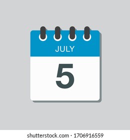 Icon calendar day - 5 July. Days f the year. Vector illustration flat style. Date day of month Sunday, Monday, Tuesday, Wednesday, Thursday, Friday, Saturday. Holidays in summer July.