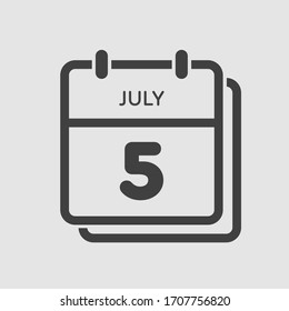 Icon calendar day - 5 July. Days f the year. Vector illustration flat style. Date day of month Sunday, Monday, Tuesday, Wednesday, Thursday, Friday, Saturday. Holidays in summer July.