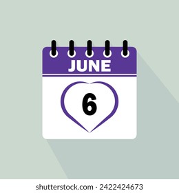 Icon calendar day - 6 June. 6th days of the month, vector illustration.