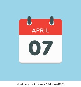 Icon calendar day - 7 April. Days f the year. Vector illustration flat style. Date day of month Sunday, Monday, Tuesday, Wednesday, Thursday, Friday, Saturday. Holidays in April