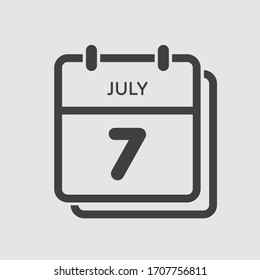 Icon calendar day - 7 July. Days f the year. Vector illustration flat style. Date day of month Sunday, Monday, Tuesday, Wednesday, Thursday, Friday, Saturday. Holidays in summer July.