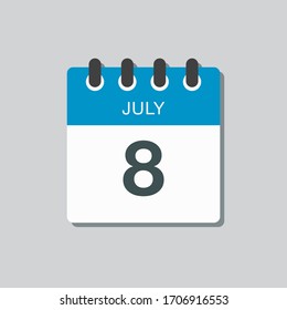Icon calendar day - 8 July. Days f the year. Vector illustration flat style. Date day of month Sunday, Monday, Tuesday, Wednesday, Thursday, Friday, Saturday. Holidays in summer July.