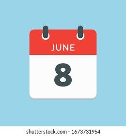 Icon calendar day - 8 June. Days f the year. Vector illustration flat style. Date day of month Sunday, Monday, Tuesday, Wednesday, Thursday, Friday, Saturday. Holidays in summer June.