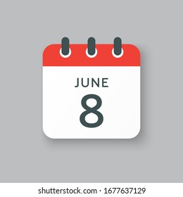 Icon calendar day - 8 June. Days f the year. Vector illustration flat style. Date day of month Sunday, Monday, Tuesday, Wednesday, Thursday, Friday, Saturday. Holidays in summer June.