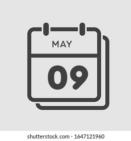 Icon calendar day - 9 May. Days f the year. Vector illustration flat style. Date day of month Sunday, Monday, Tuesday, Wednesday, Thursday, Friday, Saturday. Holidays in May