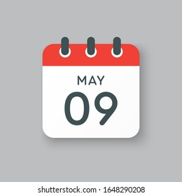 Icon calendar day - 9 May. Days f the year. Vector illustration flat style. Date day of month Sunday, Monday, Tuesday, Wednesday, Thursday, Friday, Saturday. Holidays in May