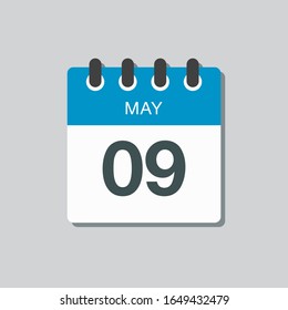 Icon calendar day - 9 May. Days f the year. Vector illustration flat style. Date day of month Sunday, Monday, Tuesday, Wednesday, Thursday, Friday, Saturday. Holidays in May