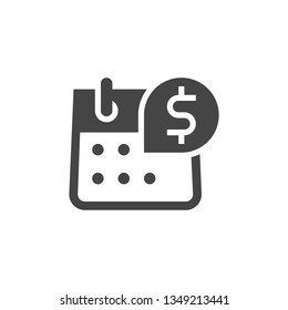 Icon of Calendar with Dollar Sign. Day of Salary, Payment, Accrual of Cash Dividends Concept. Time Management Black Flat Sign. Vector graphic Logo for Web and App in Glyph Style. Illustration Isolated
