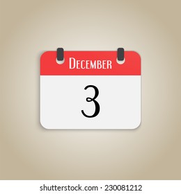 Icon calendar. Month December. Number three. Flat design style. Made in vector
