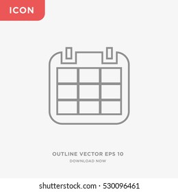 Icon of calendar on gray background, symbol of business sample, linear outline of date, isolated  business web sign, vector of days, months and years elements, financial logo, time management logo