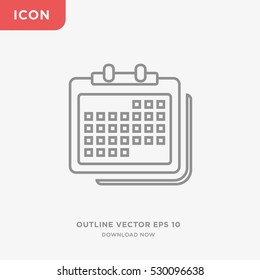 Icon of calendar on gray background, symbol of business sample, linear outline of date, isolated  business web sign, vector of days, months and years elements, financial logo, time management logo