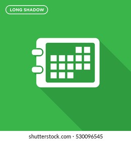 Icon of calendar on green background, symbol of business sample, linear outline of date, isolated  business web sign, vector of days, months and years elements, financial logo, time management logo