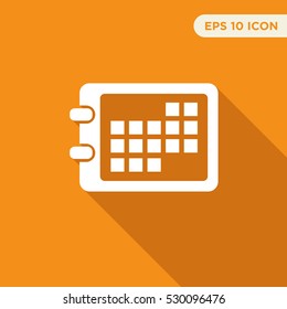 Icon of calendar on orange background, symbol of business sample, linear outline of date, isolated  business web sign, vector of days, months and years elements, financial logo, time management logo