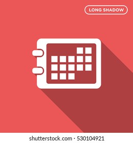 Icon of calendar on red background, symbol of business sample, linear outline of date, isolated  business web sign, vector of days, months and years elements, financial logo, time management logo