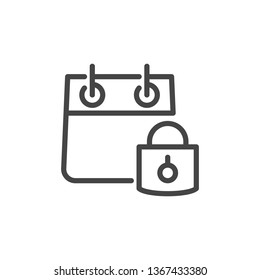 Icon of Calendar with Padlock in Linear Style. Private Recordings, Personal Organizer Concept. Simplicity Graphic Label. Vector Illustration Isolated for Web and App.