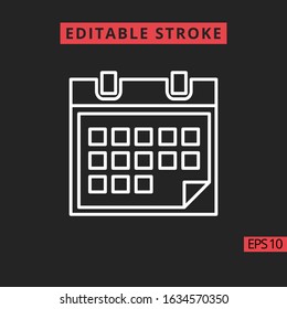 Icon Calender line, outline vector sign, linear style pictogram isolated on black. Sign or symbol, Editable Stroke. 48x48 pixel perfect.