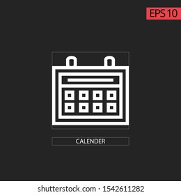 Icon calender vector template design. Thin line white with black background. Concept for calender icon, schedule time, activity day, reminder