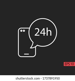 Icon call center 24 hours with mobile phone line, outline vector sign, linear style pictogram isolated on black. Sign or symbol.