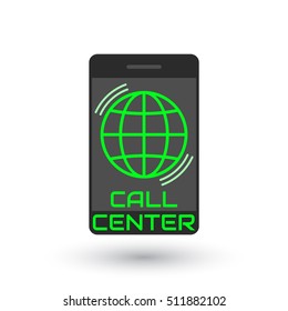 Icon call center in flat style. Logo green globe inside vertical mobile phone, with the sound waves. Icon smartphone isolated on white background. Vector