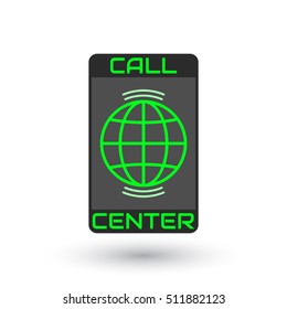 Icon call center in flat style. Logo green globe inside vertical mobile phone, with the sound waves. Icon smartphone isolated on white background. Vector