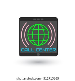 Icon call center in flat style. Logo colored Globe inside vertical mobile tablet, with sound waves. Smartphone isolated on white background. Vector