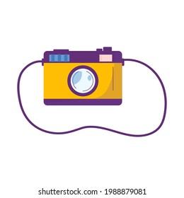 Icon of camera. Concept of time to travel, stuff for adventure tourism. Journey decorative design  accessories . Flat cartoon modern vector.